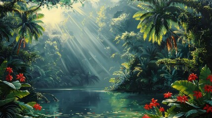Lush Green Tropical Rainforest with Red Flowers, Sun Rays, and Lake