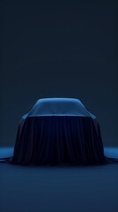Luxurious car draped in fabric, unveiled in dark studio, 3D rendering. Expensive gift, realistic blue presentation.