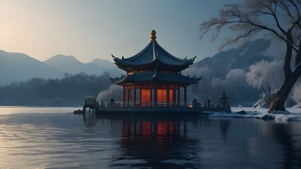 "Digital illustration of a winter landscape on an island, bathed in moonlight with a Chinese pavilion by a flowing river. The scene should have a mystical and serene atmosphere, blending elements of n
