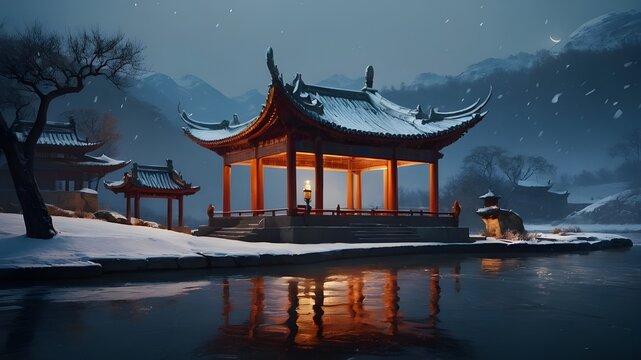 "Digital illustration of a winter landscape on an island, bathed in moonlight with a Chinese pavilion by a flowing river. The scene should have a mystical and serene atmosphere, blending elements of n