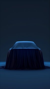 Luxurious car draped in fabric, unveiled in dark studio, 3D rendering. Expensive gift, realistic blue presentation.