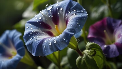 "Close-ups of morning glory blossoms sprinkled with a few drops of water, depicted in a photorealistic style. The scene is outdoors, capturing the delicate beauty of the flowers in natural light. Focu