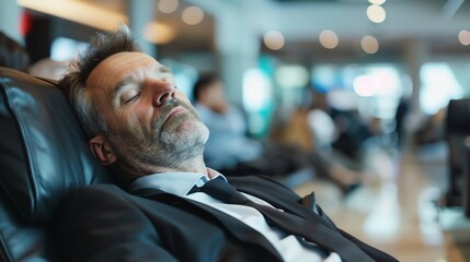 a man in a suit sleeping on a chair in a room with people in the background - obrazy, fototapety, plakaty