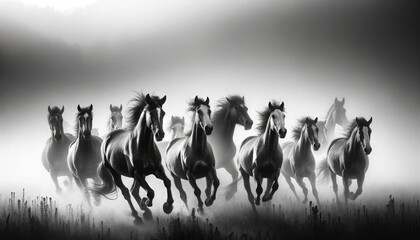 A herd of horses galloping through a misty field at dawn