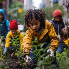 Multi ethnic kids planting trees. Sustainability concept