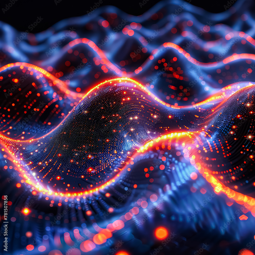 Poster the image is a colorful, abstract representation of a wave. the wave is made up of blue and red colo