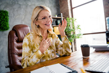 Portrait of cheerful joyful adorable successful retired woman wear trendy clothes sitting armchair...
