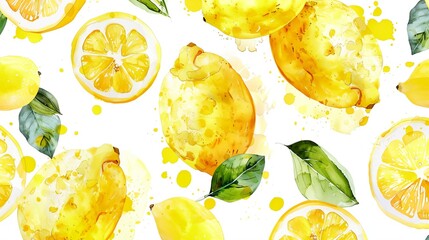 a watercolor painting of lemons and leaves on a white background - obrazy, fototapety, plakaty