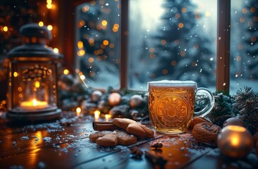 A traditional beer mug set amidst a festive Christmas scene with decorations, cookies, and soft snowfall outside the window
