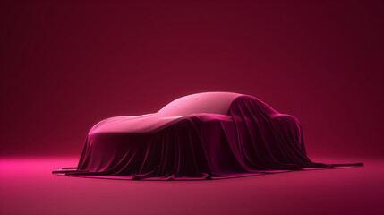 Luxurious car draped in fabric, unveiled in dark studio, 3D rendering. Expensive gift, realistic pink presentation.