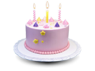 pink birthday cake isolated on white