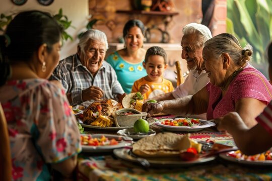 The warmth and togetherness of a family gathered around a festive Cinco de Mayo table, sharing traditional food, music, and laughter in celebration of the holiday.