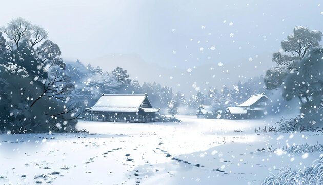 A gentle snowfall blankets the landscape, transforming the world into a winter wonderland