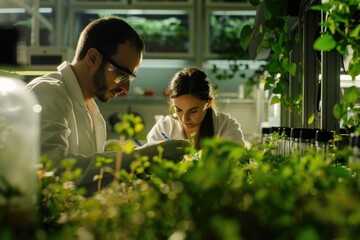 A group of researchers conducting experiments in a state-of-the-art biotech laboratory, surrounded by advanced equipment for genetic engineering and bioinformatics.