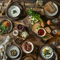 Happy Passover - Happy Pesach. Traditional Passover bread on wooden table. Square frame
