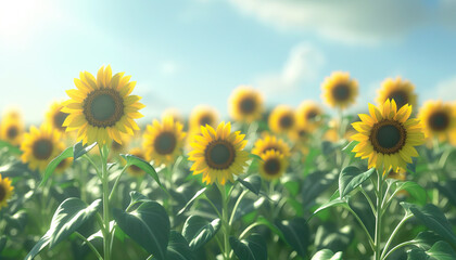 A field of sunflowers turns its bright faces towards the sun, basking in its warm embrace