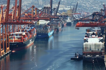 Aeral view of a bustling port scene with cargo ships and cranes, actively loading and unloading containers.