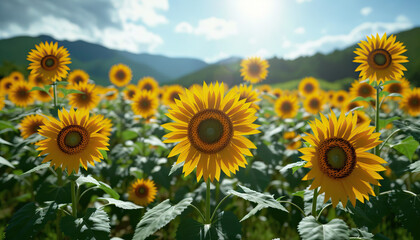 Obraz premium A field of sunflowers turns its bright faces towards the sun, basking in its warm embrace