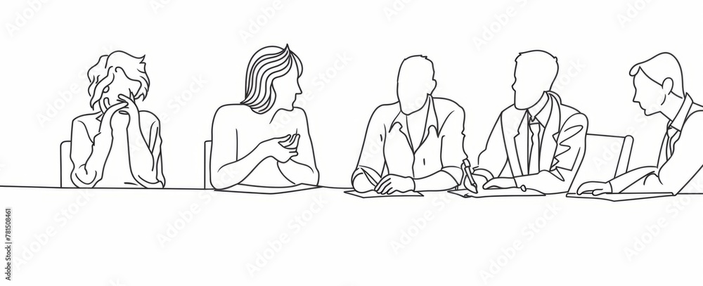 Poster a minimalist style showing a team group of office workers together discussing a project plan on a co
