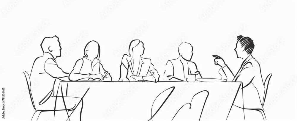 Poster a minimalist style showing a team group of office workers together discussing a project plan on a co