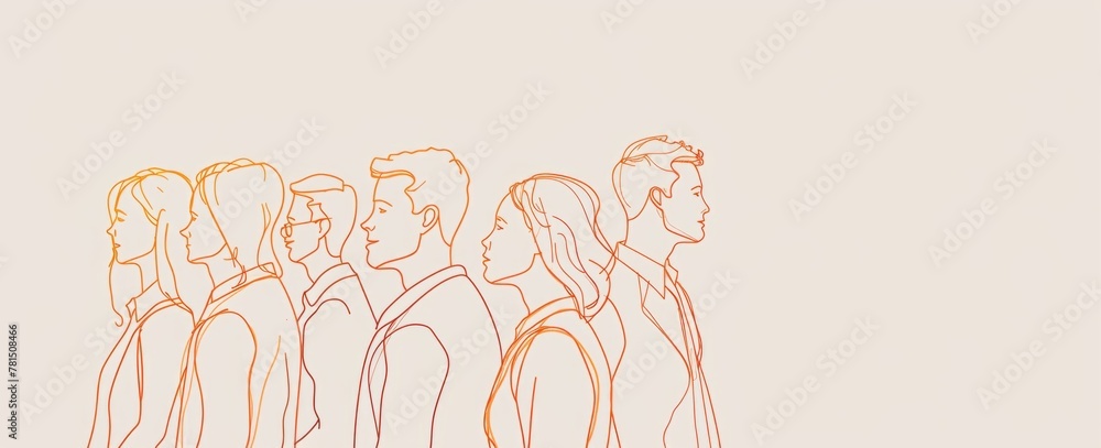 Poster one line drawing of a business team, group or office workers standing together in a row with their h