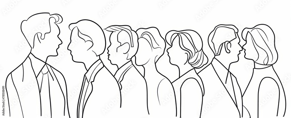 Poster a simple line drawing of several business people in one continuous line, depicted in black and white