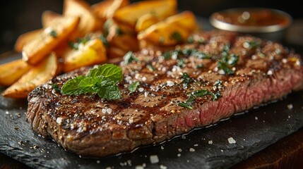   A tight shot of a sizzling steak on a plate, surrounded by golden French fries A small cup of savory sauce sits nearby