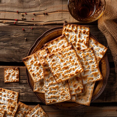 Happy Passover - Happy Pesach. Traditional Passover bread on wooden table. Square frame
 - obrazy, fototapety, plakaty