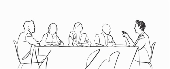 A minimalist style showing a team group of office workers together discussing a project plan on a conference call for a company success concept Generative AI