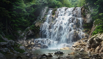 A waterfall cascades down rocky cliffs, its rushing waters a symbol of nature's raw power and beauty.