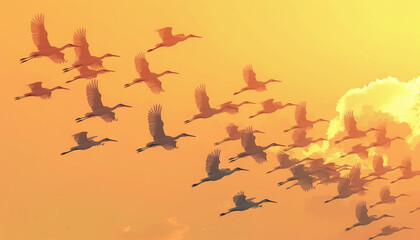 A flock of birds takes flight in perfect unison, painting intricate patterns against the sky as they soar