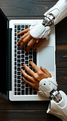 woman hands typing on a laptop keyboard, one robotic hand, from above, space