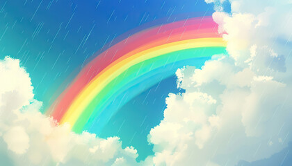A colorful rainbow arches across the sky after a refreshing summer rain, a symbol of hope and beauty