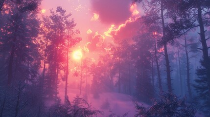sunset on the forest with vaporwave tone color, suitable for wallpaper, poster. Generative AI