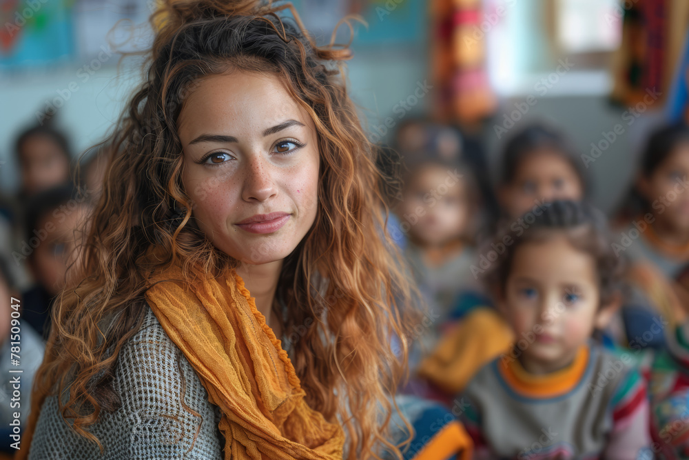 Poster educators implementing trauma-informed approaches in refugee education programs, addressing the psyc