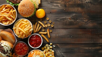 Unhealthy fast food with sauces on wooden table. Top view of various fast foods on the table. National fast food day background concept. copy space. National Junk Food Day - obrazy, fototapety, plakaty