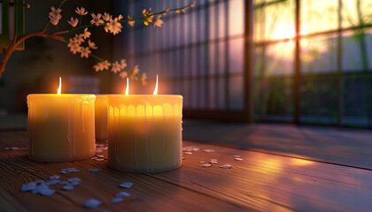 The soft glow of candlelight creates a cozy atmosphere in the room, perfect for a relaxing evening