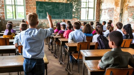 Classroom scene, small students, one raises finger.
