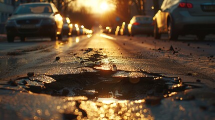 a pothole mars the surface of an urban road, illuminated by the warm light of sunset as cars pass by
