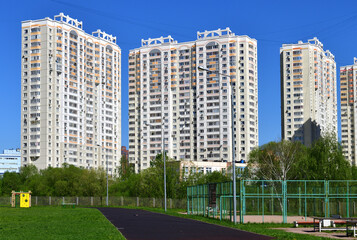 City houses surrounded by trees in Moscow, Russia