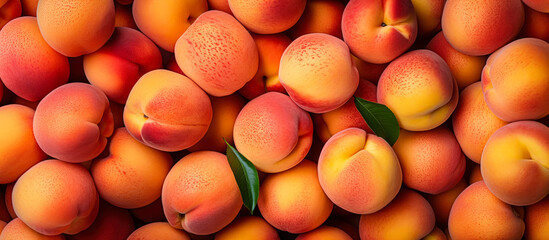 Pile of peaches, closeup view from above. Generative AI