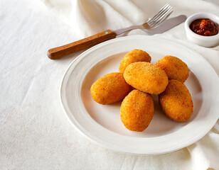 A plate of fried croquettes is piled on top of each other. The doughnuts are golden brown and appear to be freshly made. The plate is set on a white tablecloth,