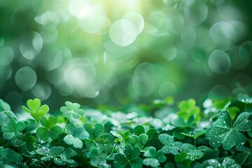 Clover with blurred background with space for text, concept St.Patrick 's Day, Clover leaves on the green light background, Ai generated image
