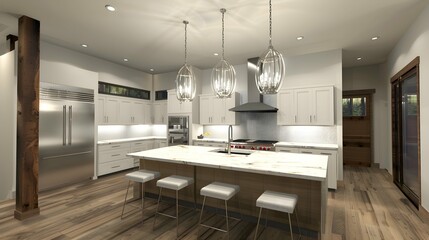 rendering of modern kitchen island with high end lighting
