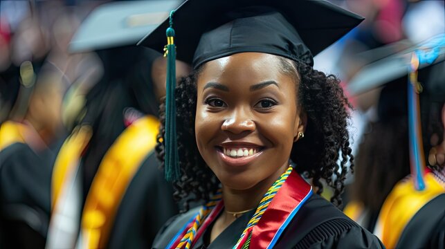 Triumphant milestone! Black college grad in cap and gown. Inspiring achievement captured. Celebrate success.