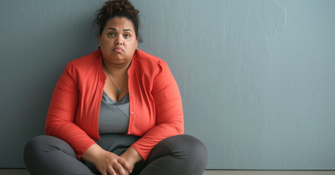 Plus sized woman sitting on ground, looking helpless and unhappy. Generative AI	