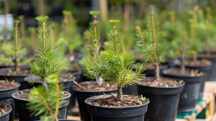 Saplings coniferous trees in pots in plant nursery 