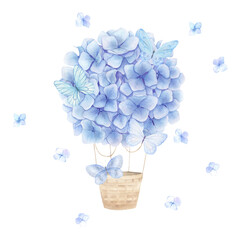 Floral hot air balloon and butterfly. Watercolor hydrangea. Fantasy print.Hand drawn illustration on white background