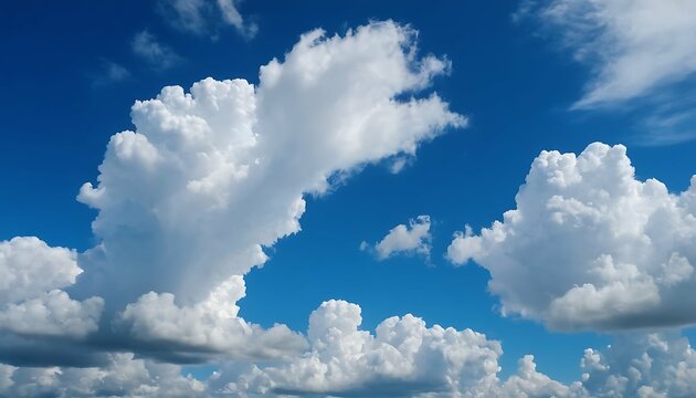 Vast blue sky filled with white clouds, ranging from large cumulus clouds to smaller puffs, bright sky