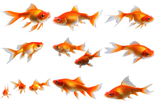 Diverse goldfish collection isolated on transparent background. Perfect for aquatic designs and decorative graphics.